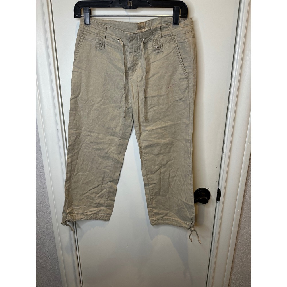 Tommy Jeans Womens Khaki Linen Blend Drawstring Crop Pants Capris Size 3